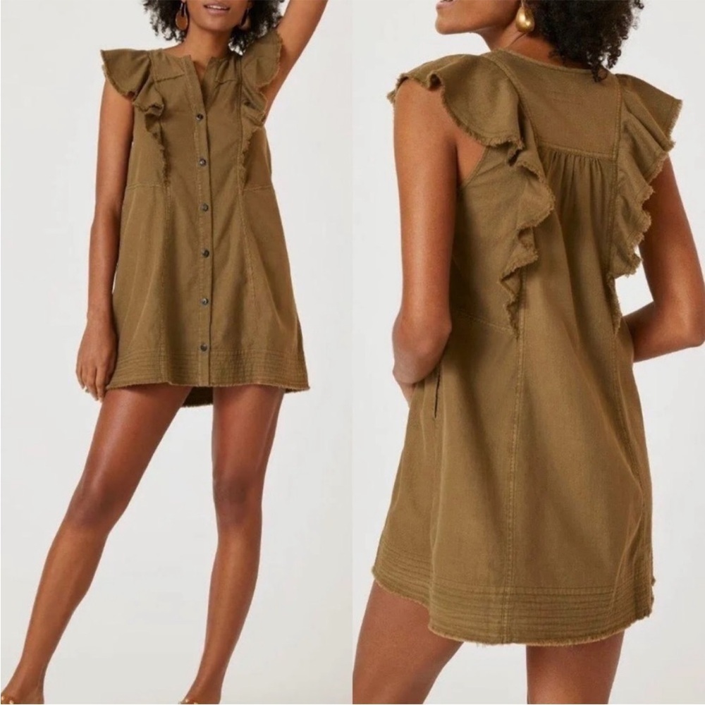 Anthropologie Pilcro Flutter-Sleeve Button Down Tunic Mini Dress Military Xs